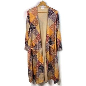 LuLaRoe Womens Sarah Damask Multi Color Open Front Cardigan Duster With Pockets
